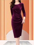 Velvet Zipper Slit Dress, Elegant Slim Fit Ruched 3/4 Sleeve Dress For Spring & Fall, Women's Clothing