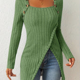 Purpdrank Chic Ribbed Long Sleeve Top with Unique Button Accent - Asymmetrical Hem - Perfect for Womens Spring & Fall Fashion