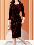 Velvet Zipper Slit Dress, Elegant Slim Fit Ruched 3/4 Sleeve Dress For Spring & Fall, Women's Clothing