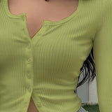 Purpdrank Vibrant Solid Color Crew Neck Slim Fit Long Sleeve T-Shirt - Soft Y2K Ribbed Single Breasted Design for Everyday Wear, Comfortable Women's Clothing for Casual Occasions, Perfect for Spring and Summer Seasons