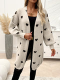 Cozy Heart Pattern Knitted Cardigan - Soft, Casual, Long Sleeve, Drop Shoulder, Open Front, Winter & Fall Essential - Womens Comfortable Clothing for Everyday Wear