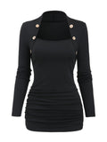 Button Decor Plain Color T-shirt, Versatile Long Sleeve Top For Spring & Fall, Women's Clothing