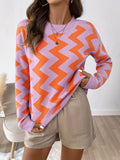 Long Sleeve Chevron Pattern Crew Neck Drop Shoulder Color Block Sweater for Women, Casual Winter & Fall Clothing