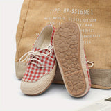 Purpdrank  Handmade Custom Artistic And Linen Style Shoes with a Fresh Checkered Design, Casual Lace-Up Flats for Women, New Craftsmanship Quality Student Shoes F09.