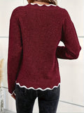 Contrast Trim V Neck Pullover Sweater, Casual Long Sleeve Knitted Sweater For Spring & Fall, Women's Clothing
