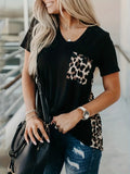 Purpdrank [Summer V Neck Short Sleeve Tee] Leopard Print Contrast T-shirt, Casual V Neck Short Sleeve Summer T-shirt, Women's Clothing