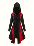 Vintage-Inspired Peplum Hooded Dress - Color Block, Micro Elasticity, Long Sleeve, Polyester, Solid Color, No Printing, Spring/Fall Wear - Womens Gothic Bandage Dress for Adult