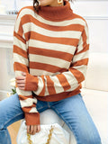 Cozy Striped High Neck Turtle Neck Pullover Sweater - Soft Micro Elastic Acrylic Knit Fabric, Elegant Winter Long Sleeve Drop Shoulder Casual Top - No Printing, Non-Sheer, Color Block Patterned