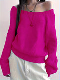 Cozy Off-The-Shoulder Solid Color Sweater - Soft Micro Elasticity, Machine Washable, Casual Long Sleeve for Spring & Fall - Womens Polyester Knit Fabric Clothing
