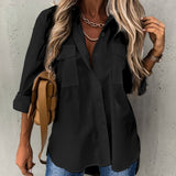 Purpdrank Womens Long Sleeve Lapel Collar Shirt - Soft Micro Elastic Polyester Fabric, Semi-Sheer, Pocket Detail, All-Season Casual Wear for Office and Daily Life