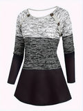 Plaid & Stripe Print Colorblock T-Shirt, Casual Long Sleeve Crew Neck Top For Spring & Fall, Women's Clothing