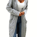 Purpdrank Plus Size Casual Cardigan, Women's Plus Solid Cable Long Sleeve Open Front Hooded Cardigan With Pockets