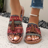 Purpdrank Boho Chic Tassel Slide Sandals - Unisex, Lightweight & Comfortable, Colorful Geometric Pattern Upper with Brown Cover Tassel, Non-Slip TPR Sole, Casual Summer Beach Shoes for Women and Men