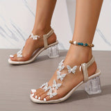 Purpdrank Women's Butterfly Clear Chunky Heels, Square Open Toe Elastic Strap Mid Heels, Stylish Slip On Slingback Sandals