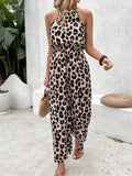 Purpdrank [Spring Jumpsuit Leopard Print Chic] Elegant Women's Leopard Print Sleeveless Jumpsuit - Chic Halter Neck, Wide-Leg Design with Tie Waist, Lightweight Polyester, Machine Washable for Spring/Summer/Fall