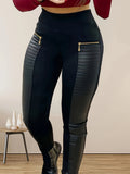 Plus Size Faux Leather Patch Leggings, Stylish Zip Front High Waist Stretchy Leggings, Women's Plus Size Clothing