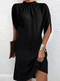 Purpdrank - Loose Raglan Sleeve Solid Color Mock Neck Mini Dresses