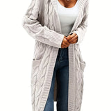 Purpdrank Plus Size Casual Cardigan, Women's Plus Solid Cable Long Sleeve Open Front Hooded Cardigan With Pockets
