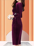 Velvet Zipper Slit Dress, Elegant Slim Fit Ruched 3/4 Sleeve Dress For Spring & Fall, Women's Clothing