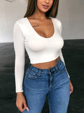 Basic Skinny Stretchy Crop T-shirt, Long Sleeve V Neck Solid T-Shirt, Casual Every Day Tops, Women's Clothing