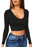 Basic Skinny Stretchy Crop T-shirt, Long Sleeve V Neck Solid T-Shirt, Casual Every Day Tops, Women's Clothing