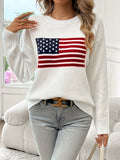 American Flag Pattern Crew Neck Long Sleeve Sweater - Soft Medium Stretch Acrylic Knit Fabric, Elegant Casual Style, Regular Fit, Hand Wash or Dry Clean, Perfect for Fall and Winter - Womens Clothing