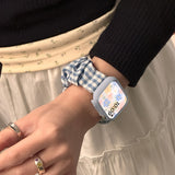 Purpdrank  Korean-Style Lattice Hairband for apple Watch Strap - Cute Elastic Nylon Band with Push Button Butterfly Clasp, Floral Pattern, 46mm-49mm Compatible, Stylish Accessory for Series 6, SE, 7, 8, 9, 10, Accessory|Flora