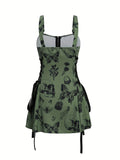 Wide Strap Y2K Sleeveless Butterfly Print Lace Up Mini Dress for Spring & Summer, Women's Clothing