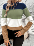 Cozy Striped Crew Neck Sweater - Soft Color Block Long Sleeve Pullover for Spring & Fall - Women's Casual Knitwear for Everyday Wear