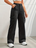 High-Waisted Y2K Kpop-Inspired Denim Cargo Jeans - Side Flap Pockets, Light Wash, Casual Slash Pockets, Comfortable Fabric, Stylish Design, Women's Fashionable Clothing for Everyday Wear