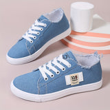 Stylish Women's Denim Lace Up Sneakers - Breathable, Lightweight, Comfortable Walking Shoes for Casual Daily Wear - Low Top Skate Shoes with Soft Insoles and Durable Outsoles