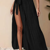 Purpdrank Women's Casual Solid Knot Side Wrap Beach Skirt, Split Thigh Cover Up, Flattering Fit for Summer Vacation