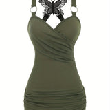 Purpdrank Solid Color Y2K Ruched Strap Tank Top - Fashionable Cold Shoulder Butterfly Lace - Versatile Spring & Summer Style for Womens Cute/Coquette Closet