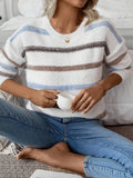 Striped Drop Shoulder Crew Neck Sweater, Elegant Long Sleeve Sweater For Fall & Winter, Women's Clothing