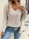 Women's Elegant Long Sleeve V-Neck Knitted Sweater - Solid Color, Regular Fit, Pullover Style with Hollow-Out Detail in Polyester for Spring/Fall