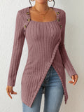 Purpdrank Chic Ribbed Long Sleeve Top with Unique Button Accent - Asymmetrical Hem - Perfect for Womens Spring & Fall Fashion