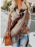 Elegant Women's Knit Cardigan with Stripes and Tassels, Long Sleeve, V-Neck, Polyester, No Bra Pad, All-Season Sweater