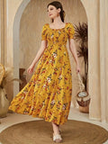 Floral Print Square Neck A-line Dress, Elegant Short Sleeve Dress For Spring & Summer, Women's Clothing