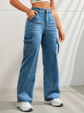 High-Waisted Y2K Kpop-Inspired Denim Cargo Jeans - Side Flap Pockets, Light Wash, Casual Slash Pockets, Comfortable Fabric, Stylish Design, Women's Fashionable Clothing for Everyday Wear