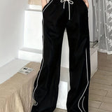 Purpdrank Stylish Y2K Baggy Pants - Contrast Binding, Drawstring Waist, Slant Pocket, Comfortable, Relaxed Fit, Fashionable Women's Clothing