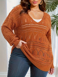 Chic Plus Size V-Neck Sweater – Breathable Hollow Out Design with Long Sleeves – Versatile Sheer Pullover for Everyday Wear