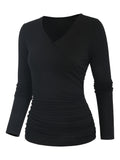 Elegant Women's Long Sleeve Solid Surplice Neck T-Shirt for Spring & Fall, Ruched Top Clothing