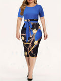 Chic Chain Print Womens Sheath Dress - Short Sleeve, Tie Waist, Casual Style - Perfect for Spring & Summer - A Fashion Must-Have for Your Wardrobe