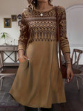 Vibrant Ethnic Print Crew Neck Dress - Classic Long Sleeve Design for Timeless Style, Perfect for Spring and Fall, Womens Vintage Clothing