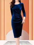 Velvet Zipper Slit Dress, Elegant Slim Fit Ruched 3/4 Sleeve Dress For Spring & Fall, Women's Clothing