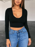 Basic Skinny Stretchy Crop T-shirt, Long Sleeve V Neck Solid T-Shirt, Casual Every Day Tops, Women's Clothing