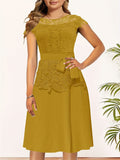 Chic Spring/Fall Elegance: Timeless Belted Lace Contrast A-Line Dress, Easy Maintenance & Comfort Fit