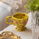 Purpdrank  1pc Vintage Hand-Painted Flower Ceramic Mug - Cute Ins Style High-Foot Coffee Cup with Vibrant Yellow & Pink Floral Design - Perfect for Breakfast Milk, Beverages, and Home Use - Reusable & Durable for Holidays & E