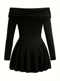 Elegant Plus Size Off Shoulder Dress for Women - Long Sleeve Solid Color Dress for Spring & Fall Seasons
