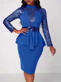 Vintage Chic Solid Sequin Long Sleeve Bodycon Pencil Dress - Tie Waist, Hip Hugging, Flattering Fit - Women's Clothing, Perfect for Party, Night Out, or Special Occasion